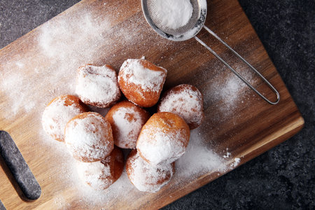 German donuts.  berliner or quarkbÃ¤llchen with jam and icing sugar.