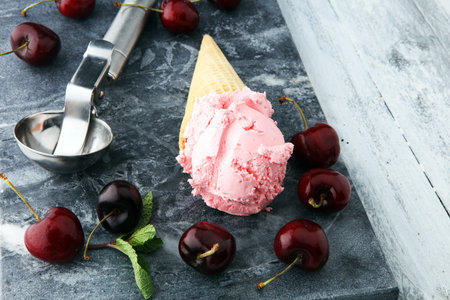 Homemade cherry ice cream on wooden background with fresh cherries