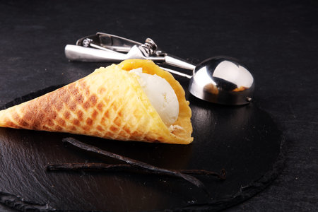 creamy vanilla ice cream on a stylish modern plate on a wooden table with dried vanilla