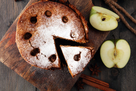 Homemade Organic Apple Pie Dessert on wooden backgroundの写真素材