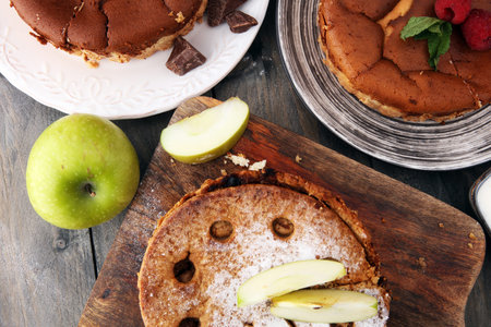 Homemade cheesecake, apple pie and chocolate cheesecakedessert - healthy organic summer dessert pie