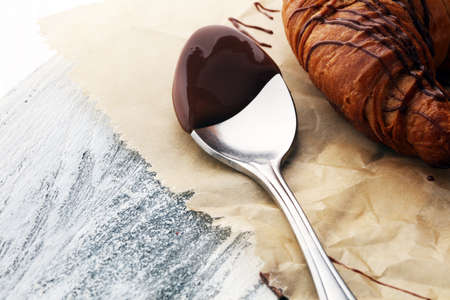 Fresh homemade croissants with chocolate. Sweet bakery concept.の写真素材