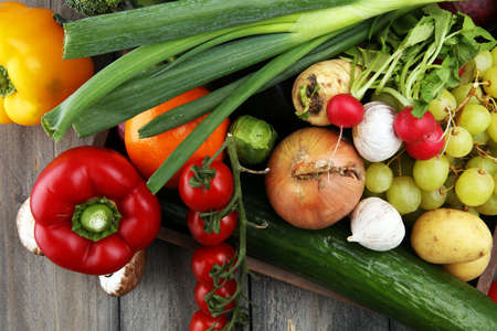 Composition with variety of raw organic vegetables and fruits. Balanced dietの写真素材