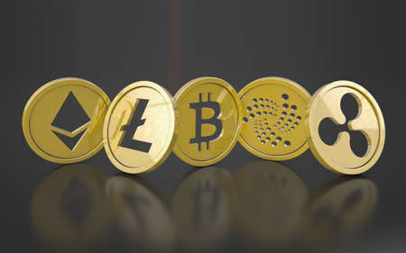 Golden bitcoin digital currency, futuristic digital money, technology worldwide network concept. Bitcoin, Litecoin, Etherum, Ripple, Iota 3D renderingの写真素材