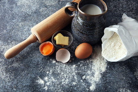 Baking ingredients for homemade pastry. Bake sweet cookies concept. 