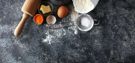 Baking ingredients for homemade pastry. Bake sweet cookies concept. の写真素材
