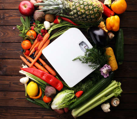 Composition with variety of raw organic vegetables and fruits. Balanced dietの写真素材