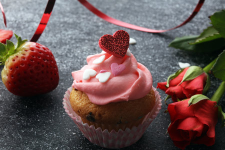 Delicious cupcake for Valentine Day. cake for Valentines day with chocolate and strawberries....