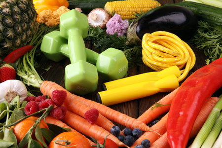 Composition with variety of raw organic vegetables and fruits. Balanced dietの写真素材