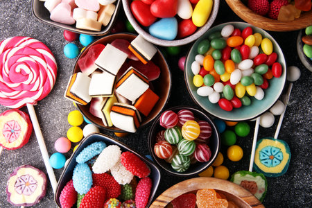 candies with jelly and sugar. colorful array of different childs sweets and treatsの写真素材