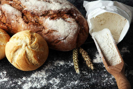 Different kinds of bread and bread rolls. Kitchen or bakery poster designの写真素材