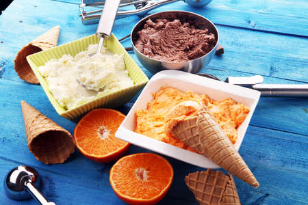 Set of ice cream scoops of different colors and flavours with chocolate, vanilla and fruits の写真素材