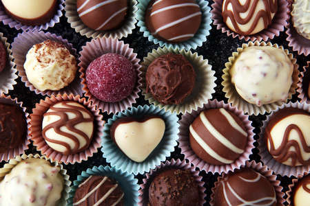 a lot of variety chocolate pralines, belgian confectionery gourmet chocolateの写真素材