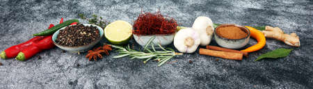 Spices and herbs on grey background. Food and cuisine ingredients.の写真素材