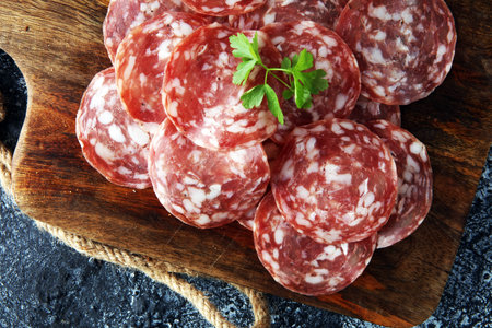 thinly sliced salami on a wooden texture on the backgroundの写真素材