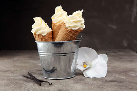 Vanilla frozen yogurt or soft ice cream in waffle coneの写真素材