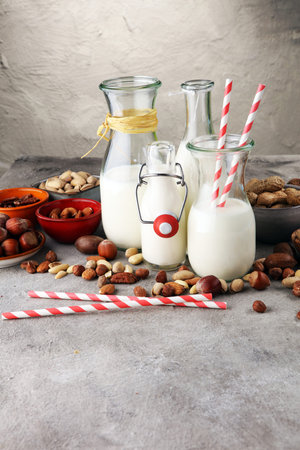 Alternative types of milks. Vegan substitute dairy milk