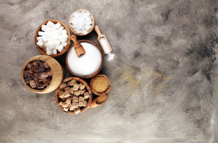 Various types of sugar, brown sugar and white