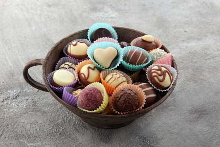 a lot of variety chocolate pralines, belgian confectionery gourmet chocolateの写真素材