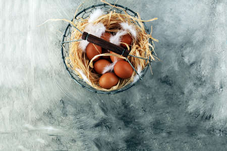 Egg. Fresh farm eggs on a wooden rustic backgroundの写真素材