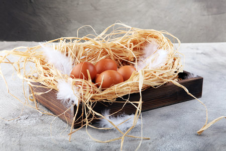 Egg. Fresh farm eggs on a wooden rustic backgroundの写真素材