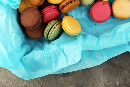 Different types of macaroons or macarons in a box.の写真素材