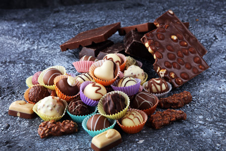 a lot of variety chocolate pralines, belgian confectionery gourmet chocolate