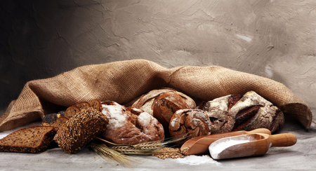 Different kinds of bread and bread rolls. Kitchen or bakery poster design