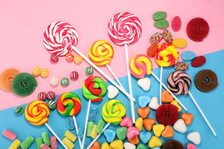 candies with jelly and sugar. colorful array of different childs sweets and treatsの写真素材