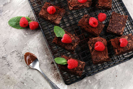 homemade chocolate brownies on rustic table. brownie bakeryの写真素材
