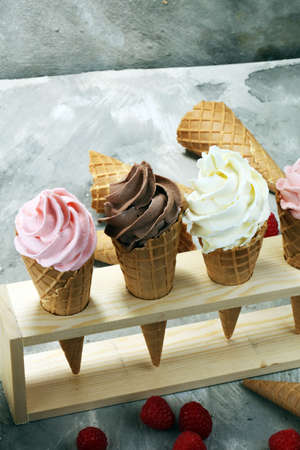 Vanilla frozen yogurt or soft ice cream in waffle cone and strawberry, raspberry and chocolate softice creamの写真素材