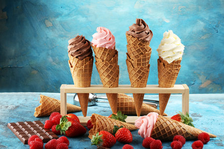 Vanilla frozen yogurt or soft ice cream in waffle cone and strawberry, raspberry and chocolate softice creamの写真素材