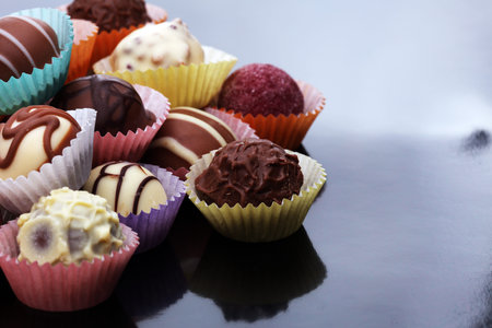 a lot of variety chocolate pralines, belgian confectionery gourmet chocolateの写真素材