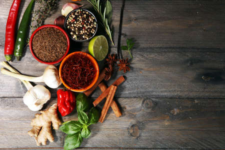 Spices and herbs on table. Food and cuisine ingredientsの写真素材