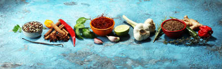 Spices and herbs on table. Food and cuisine ingredientsの写真素材