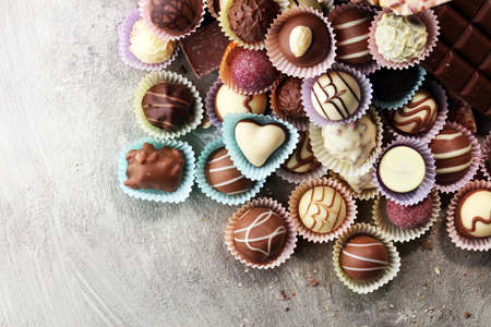 a lot of variety chocolate pralines, belgian confectionery gourmet chocolateの写真素材