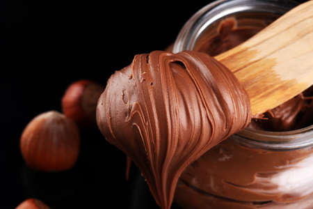 Homemade hazelnut spread in bowl. Hazelnut Nougat cream.の写真素材