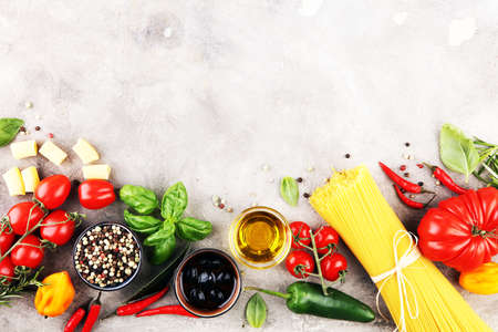 Italian food background with different types of pasta, health or vegetarian concept. Top view with copy space.の写真素材