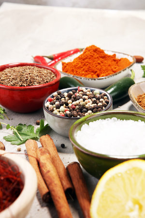 Spices and herbs on table. Food and cuisine ingredients