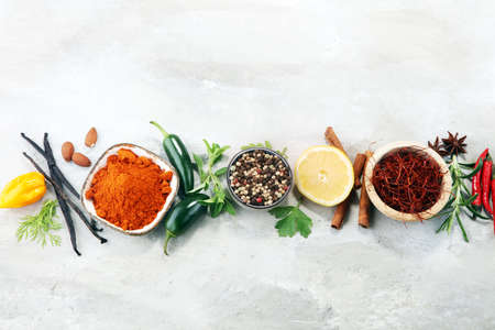 Spices and herbs on table. Food and cuisine ingredientsの写真素材