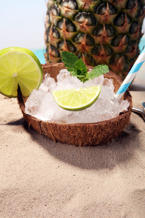 Different types of mojito cocktail on the beach