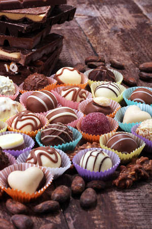 a lot of variety chocolate pralines, belgian confectionery gourmet chocolateの写真素材