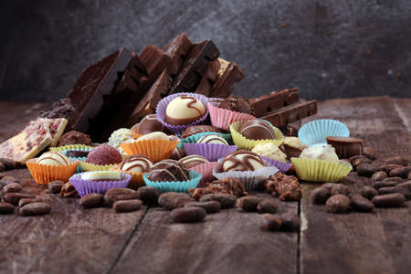 a lot of variety chocolate pralines, belgian confectionery gourmet chocolateの写真素材