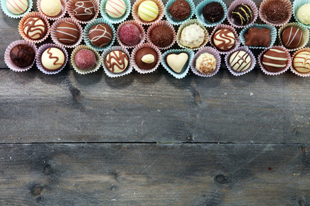 a lot of variety chocolate pralines, belgian confectionery gourmet chocolateの写真素材