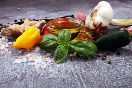 Spices and herbs on table. Food and cuisine ingredientsの写真素材