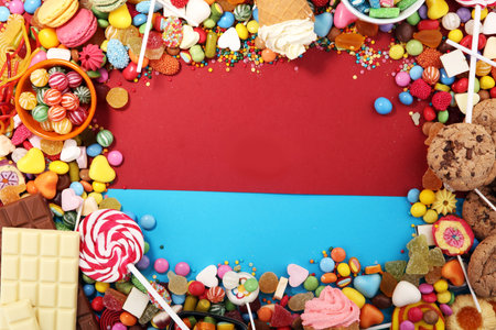 candies with jelly and sugar. colorful array of different childs sweets and treatsの写真素材