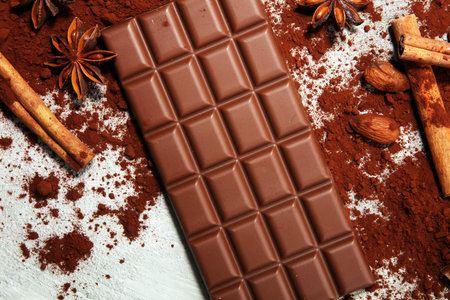 Chocolate bars on table with chocolate powder. Chocolate and nuts