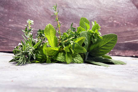 bunch of garden fresh herbs on grey board. organic natural herb.の写真素材