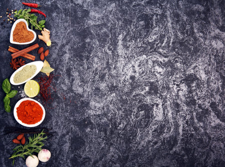 Spices and herbs on table. Food and cuisine ingredients