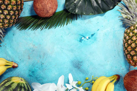 Tropical fruits background with pineapple, banana, coconut and watermelon.の写真素材